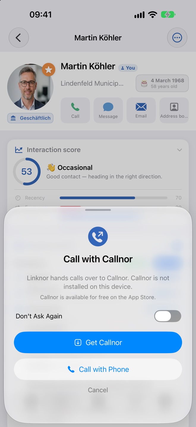 Pannello «Chiama con Callnor» con «Scarica Callnor» e «Chiama con Telefono»