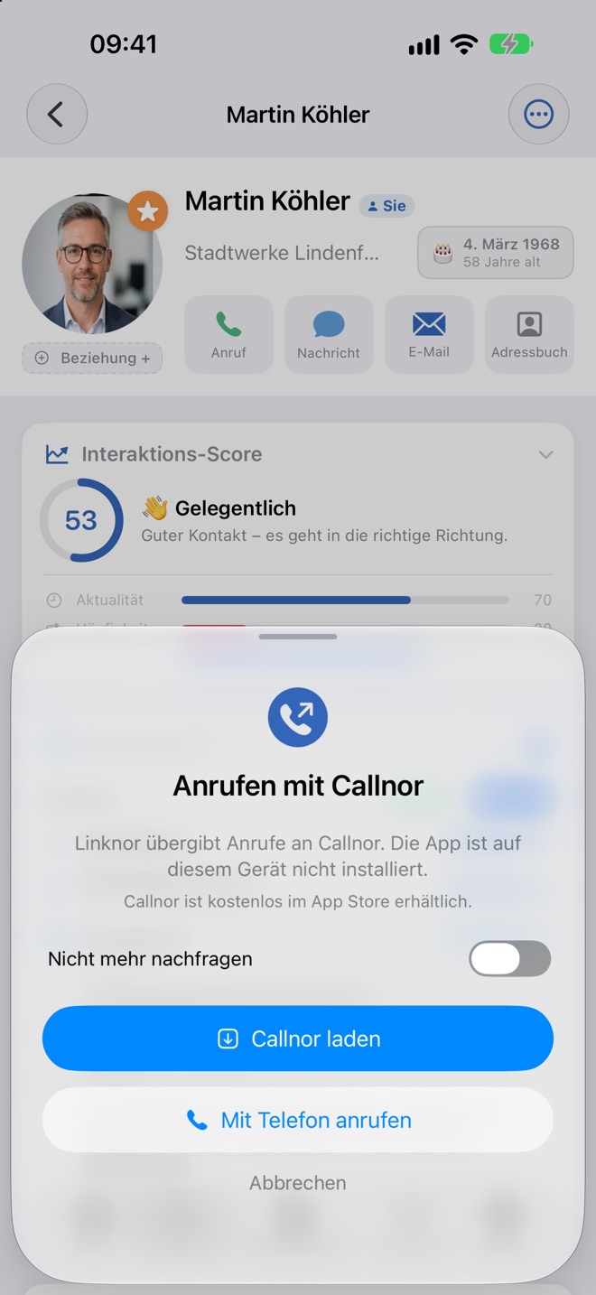 Der Hinweis „Anrufen mit Callnor“, wenn Callnor nicht installiert ist.