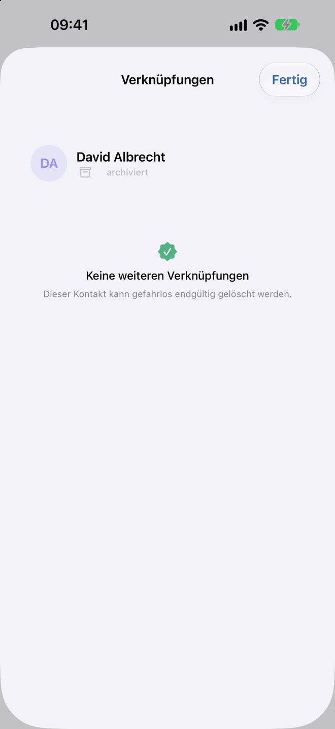Verknüpfungen eines archivierten Kontakts, hier ohne weitere Verweise
