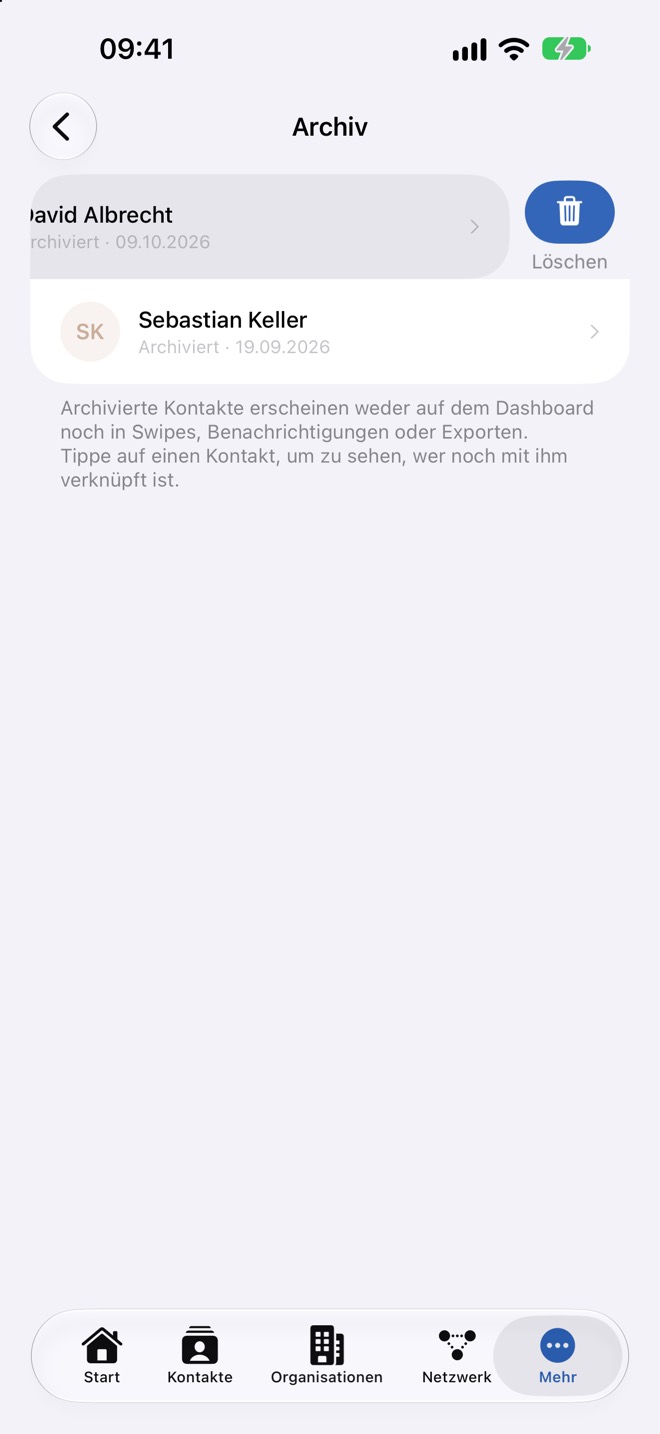 Nach links gewischte Zeile im Archiv mit „Löschen“