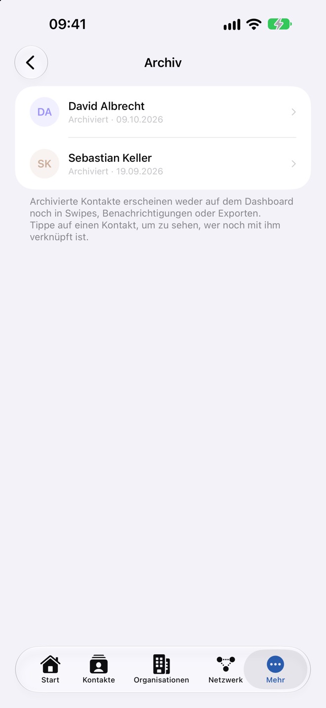 Archiv mit zwei archivierten Kontakten und Datum