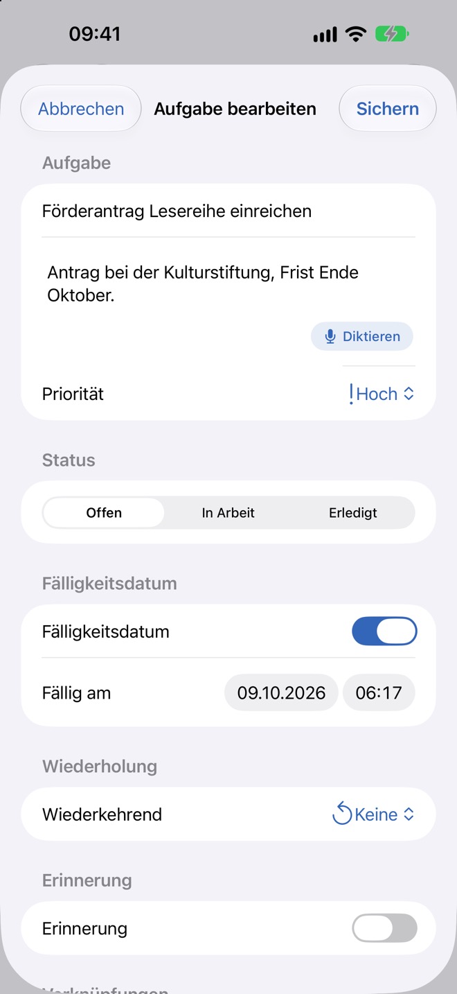 „Aufgabe bearbeiten“ mit der Status-Auswahl „Offen“, „In Arbeit“, „Erledigt“