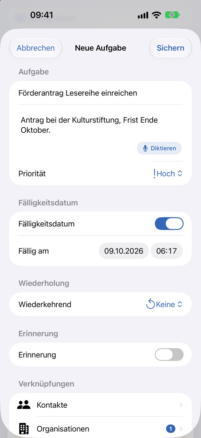 Aufgabe mit Titel, Notiz, hoher Priorität und Fälligkeitsdatum