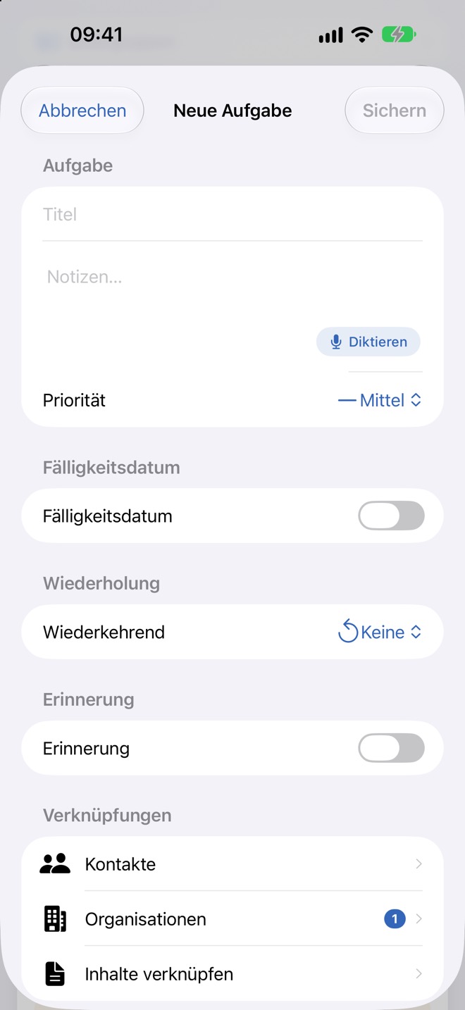 „Neue Aufgabe“ aus einer Organisation: unter „Organisationen“ ist sie schon verknüpft