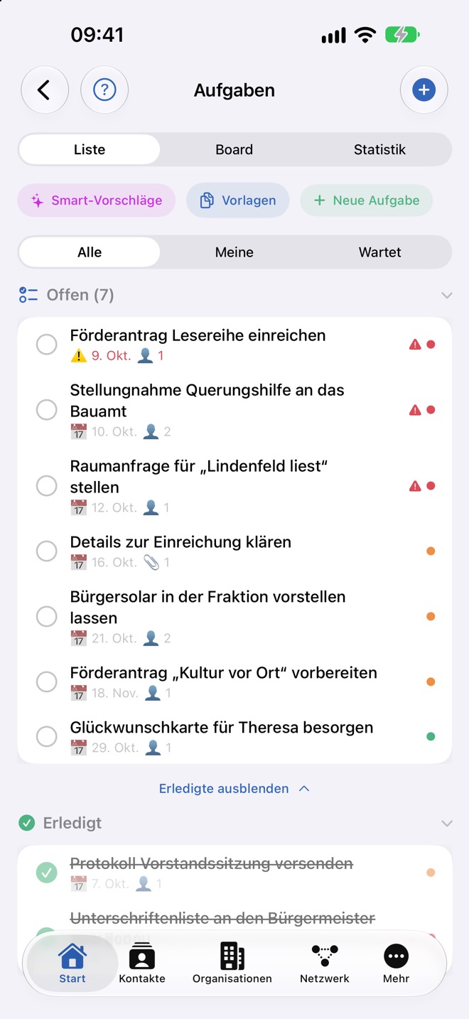 Eingeblendete erledigte Aufgaben unterhalb der offenen