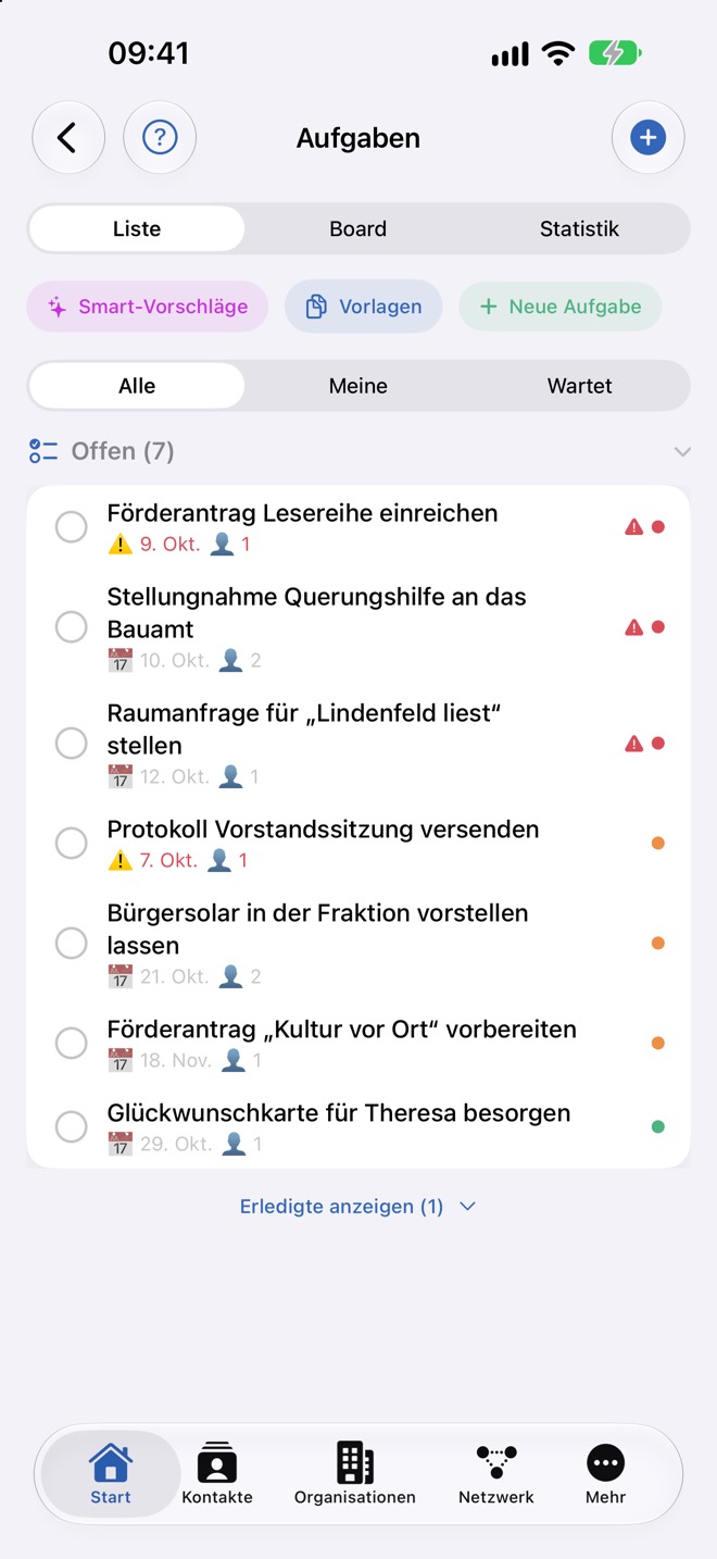 Reiter „Liste“ mit sieben offenen Aufgaben, Priorität und Fälligkeit