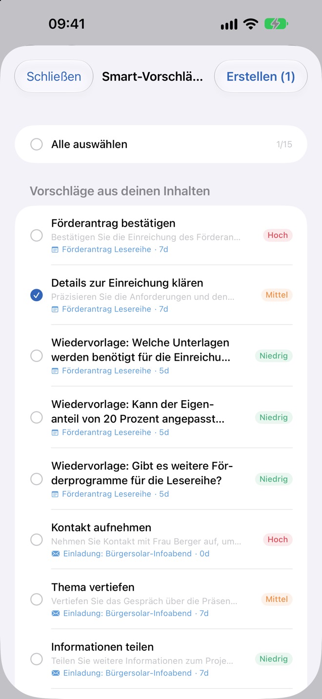 Smart-Vorschläge aus Inhalten; ein Vorschlag ist zum Erstellen ausgewählt