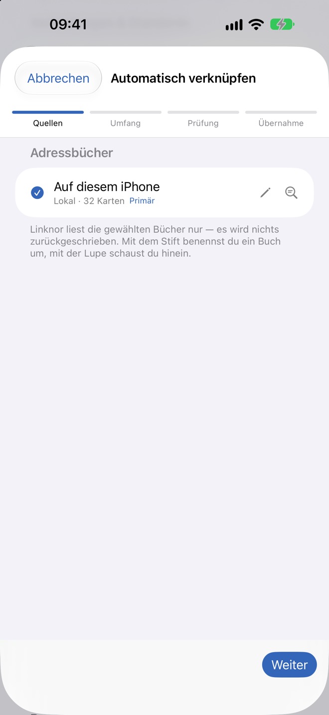 Schritt „Quellen“: Adressbücher auswählen, umbenennen oder ansehen.