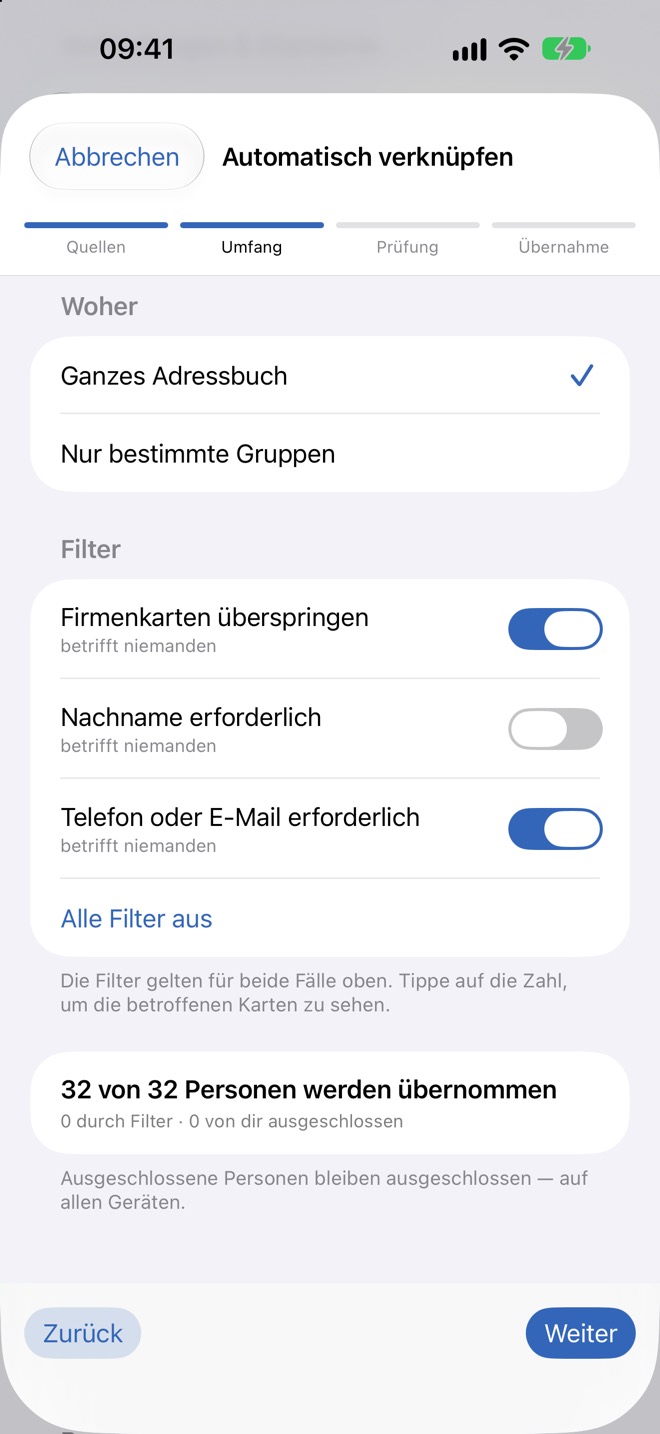 Schritt „Umfang“: ganzes Adressbuch oder Gruppen, Filter und Vorschau.