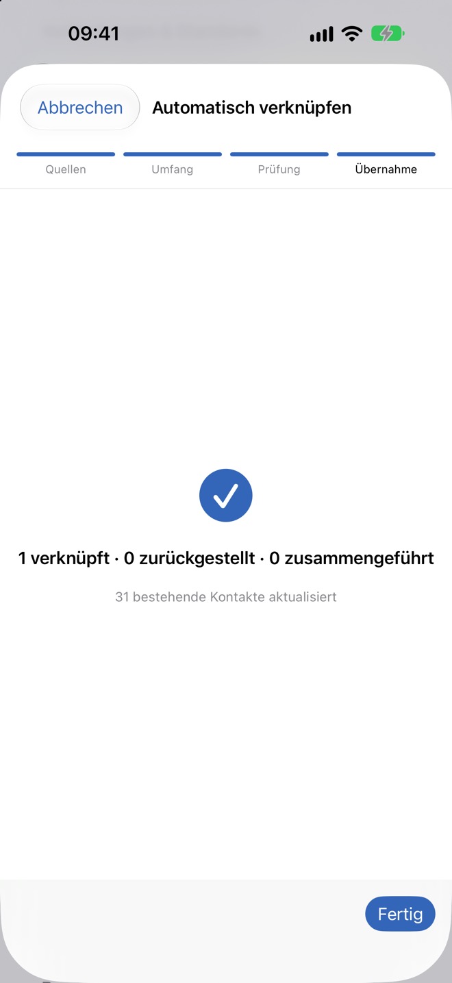 Schritt „Übernahme“: Bericht über verknüpfte und zusammengeführte Kontakte.