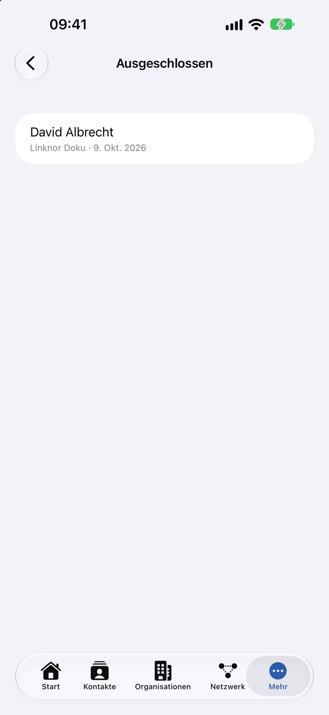 Liste „Ausgeschlossen“ mit einem Kontakt