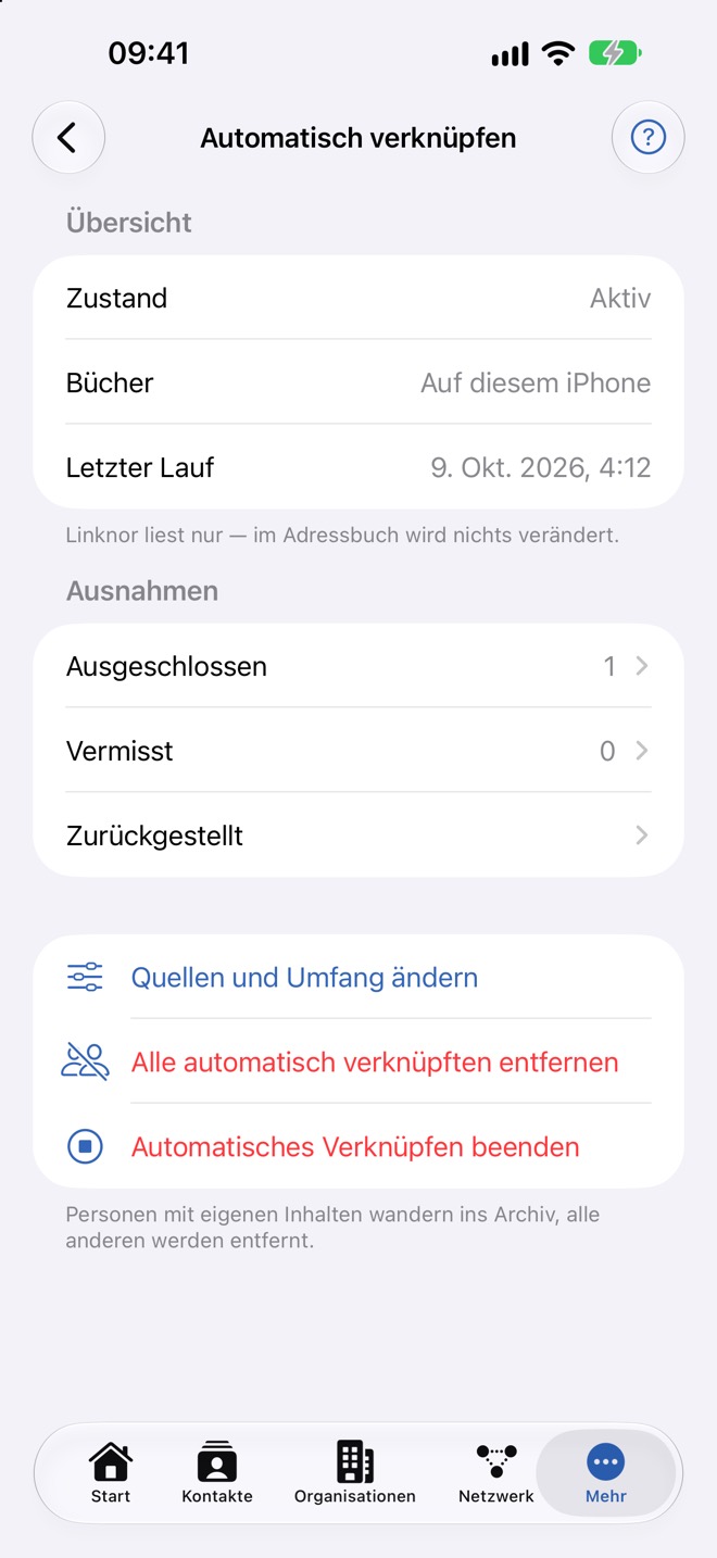 Übersicht im Zustand „Aktiv“ mit einem ausgeschlossenen Kontakt