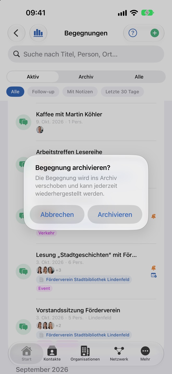 Rückfrage „Begegnung archivieren?“