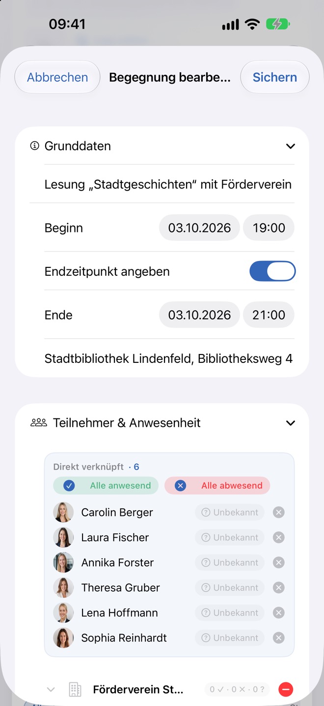 Grunddaten mit Endzeit und Karte „Direkt verknüpft“ mit sechs Personen