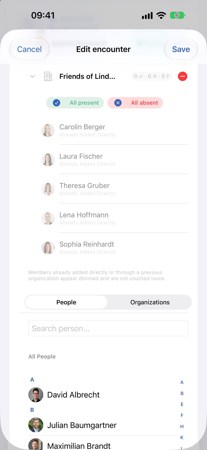 Organisation avec ses membres ; les personnes déjà saisies directement sont en grisé