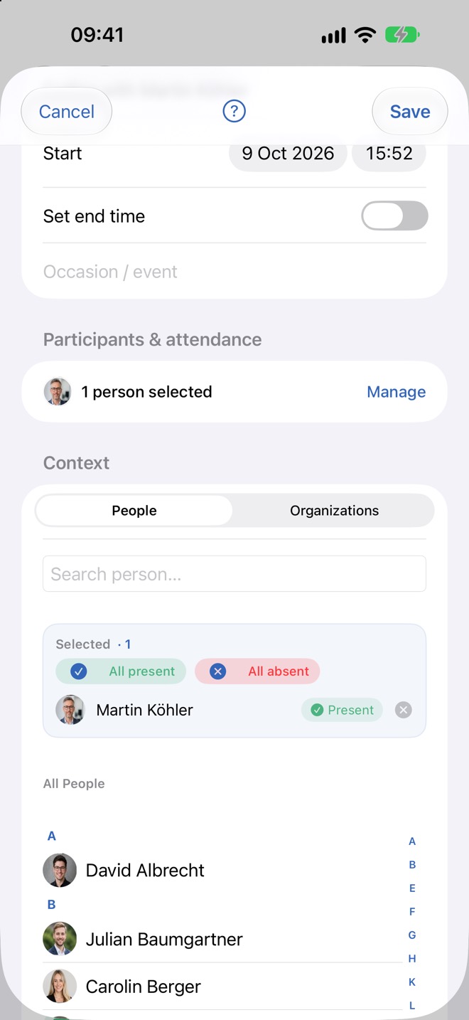 Onglet « Personnes » : une personne est sélectionnée, en dessous la liste A–Z de toutes les personnes