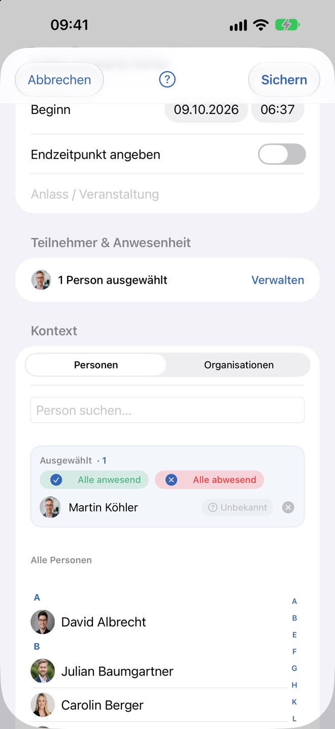 Reiter „Personen“: eine Person ist ausgewählt, darunter die A–Z-Liste aller Personen
