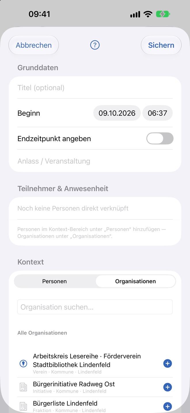 Leeres Blatt „Begegnung erfassen“ mit Grunddaten, Teilnehmern und Kontext