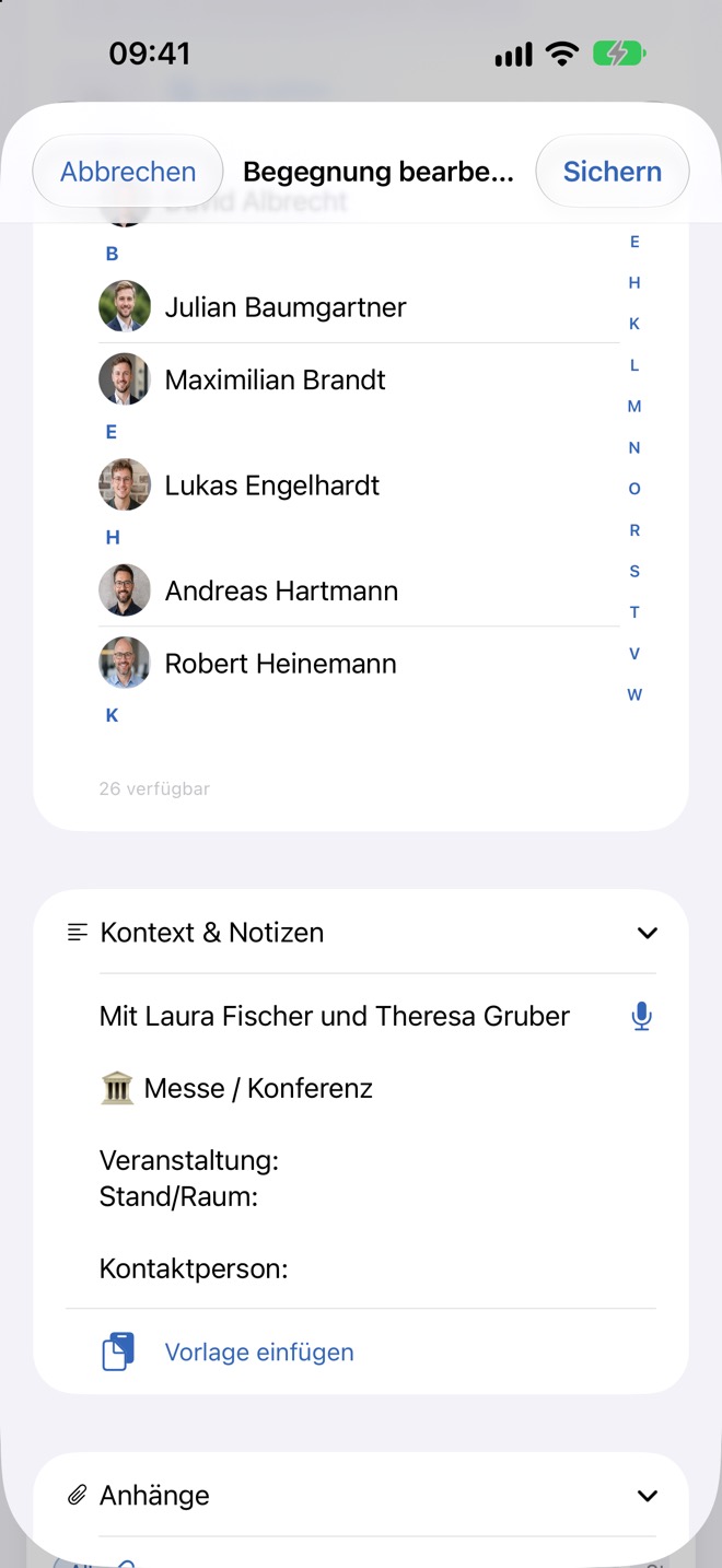 Vorlage „Messe / Konferenz“ in den Notizen, mit Feldern zum Ausfüllen