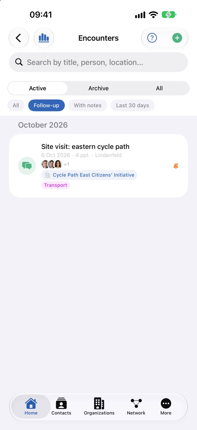 Filtre « Suivi » actif : uniquement les rencontres avec relance