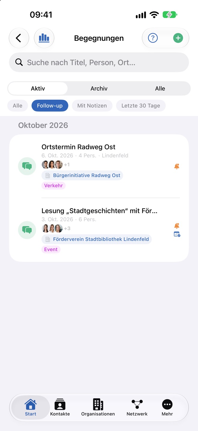 Filter „Follow-up“ aktiv: nur Begegnungen mit Wiedervorlage