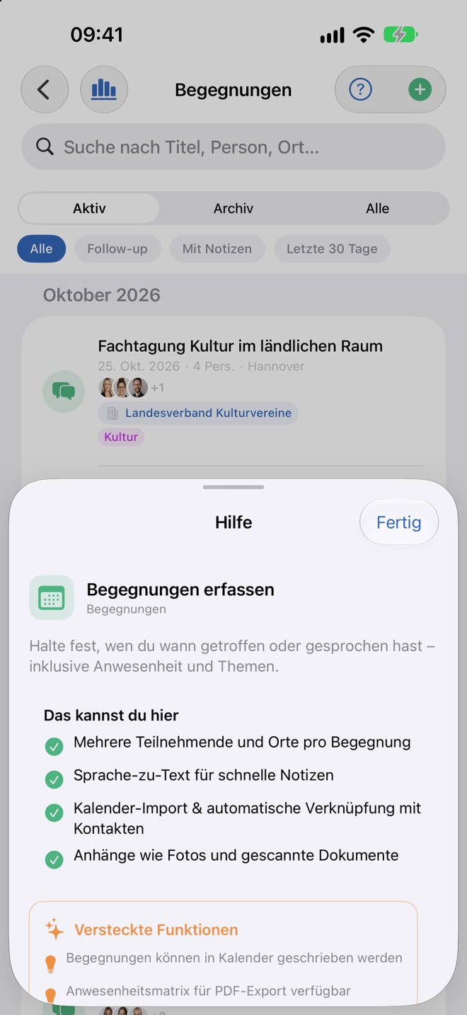 Hilfe zu „Begegnungen erfassen“ mit versteckten Funktionen.