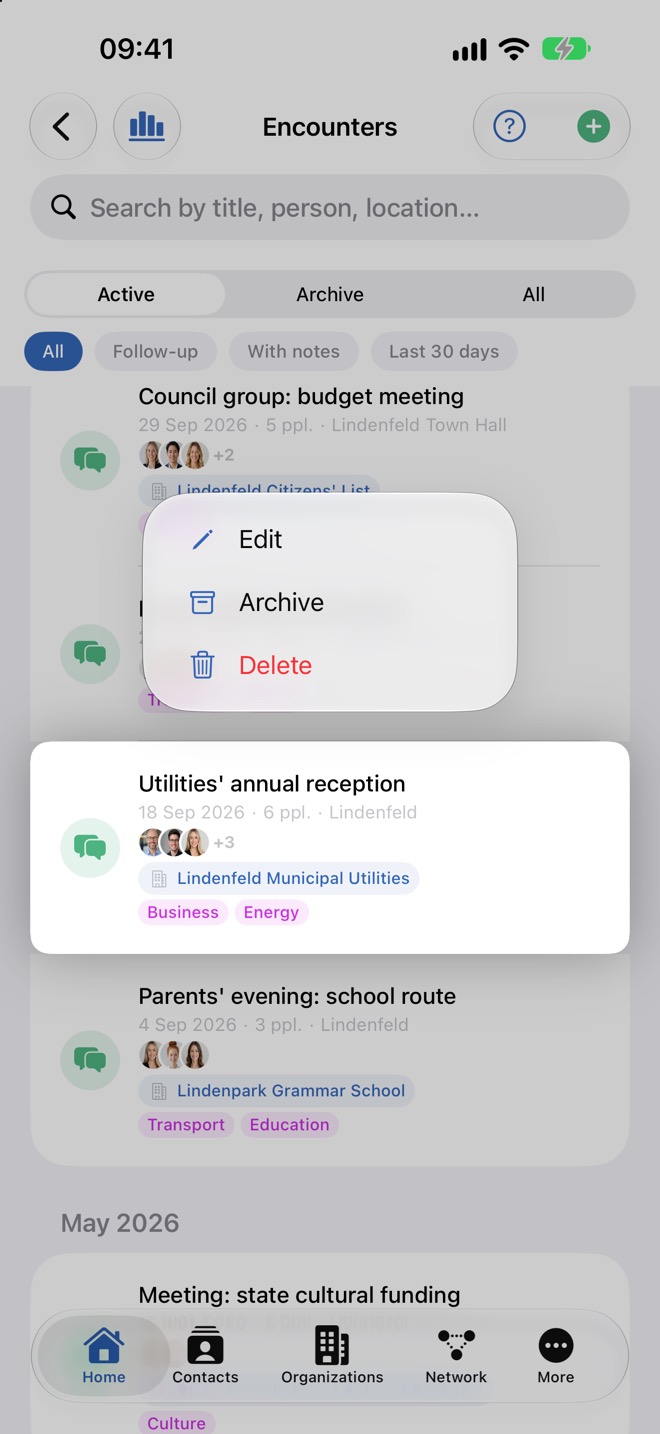 Menu contextuel d’une rencontre avec un événement de calendrier lié
