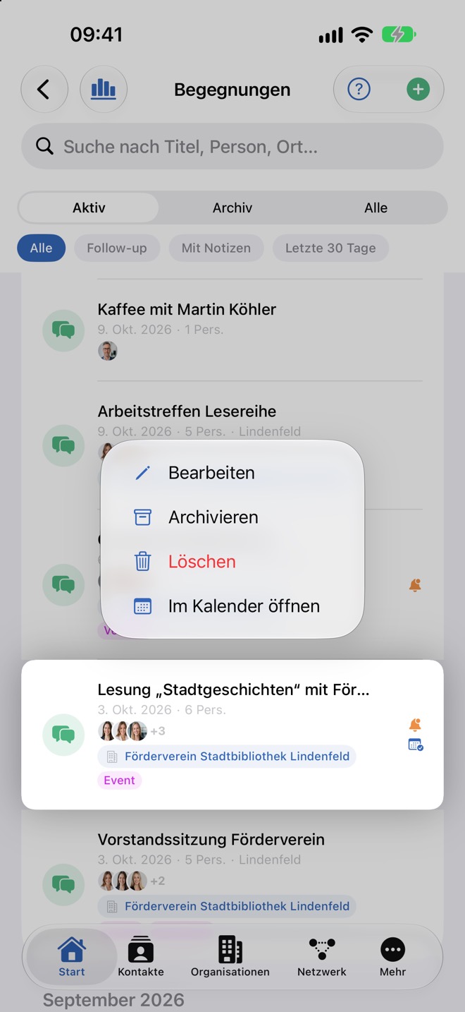 Kontextmenü einer Begegnung mit verknüpftem Kalendertermin