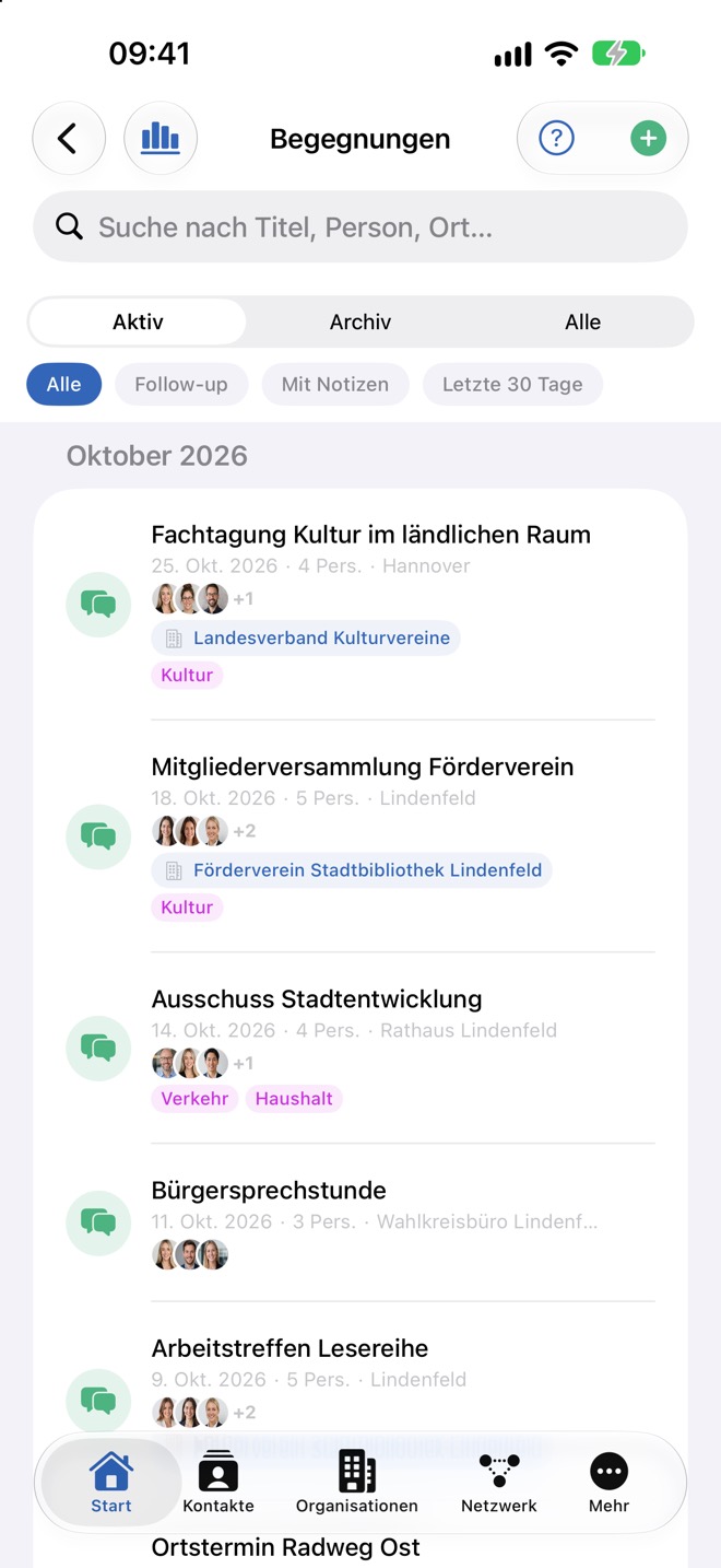 Begegnungsliste mit Suche, Statusfilter, Filter-Chips und Einträgen vom Oktober
