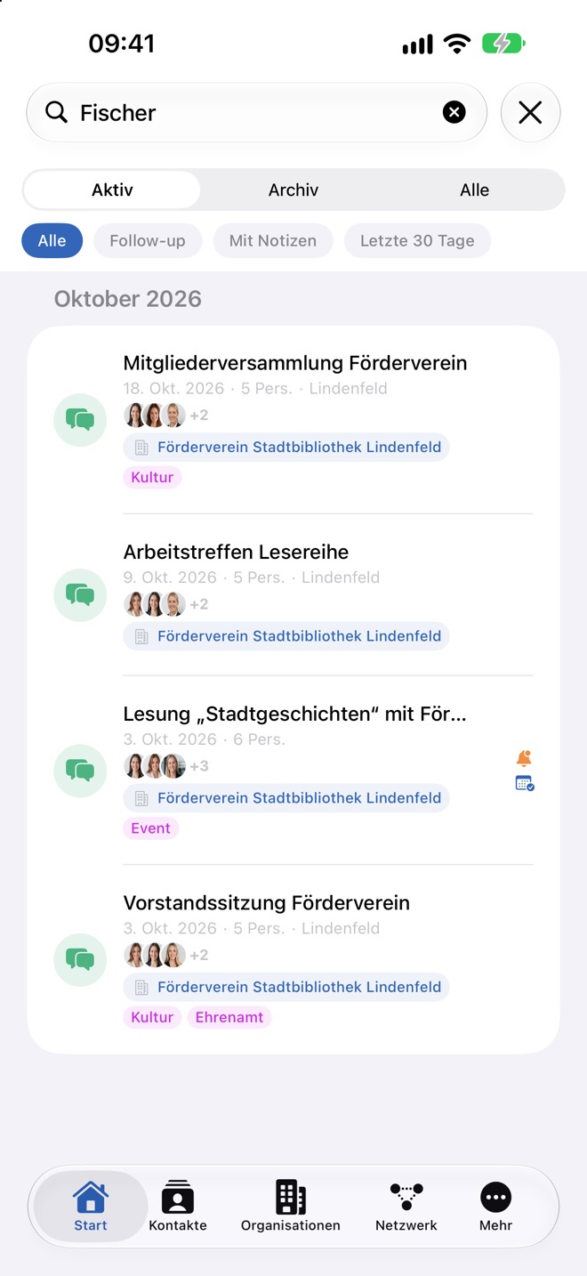 Die Suche nach einem Namen findet alle Begegnungen mit dieser Person