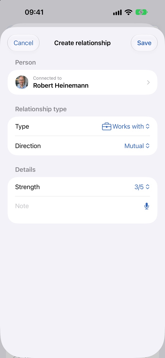 Formulario «Crear relación» con persona, tipo, dirección, intensidad y nota