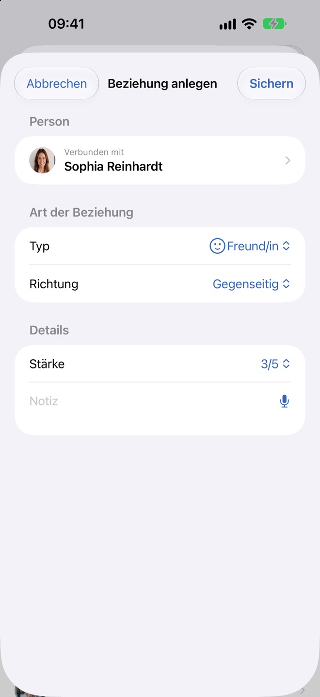 Formular „Beziehung anlegen“ mit Person, Typ, Richtung, Stärke und Notiz