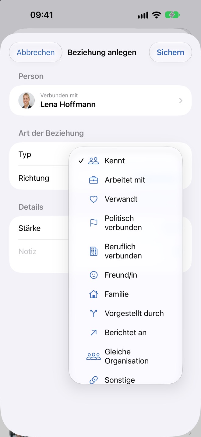 Auswahl des Beziehungstyps von „Kennt“ bis „Sonstige“