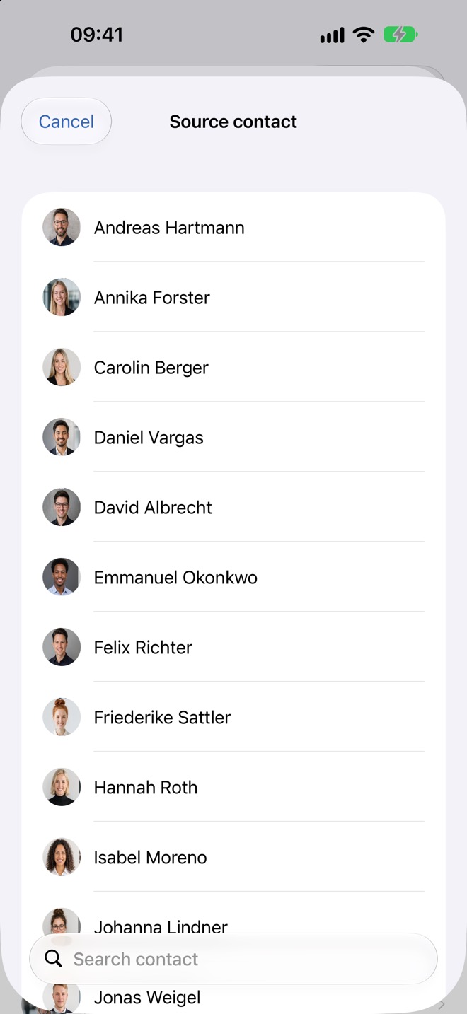 Selección del contacto de partida con campo de búsqueda
