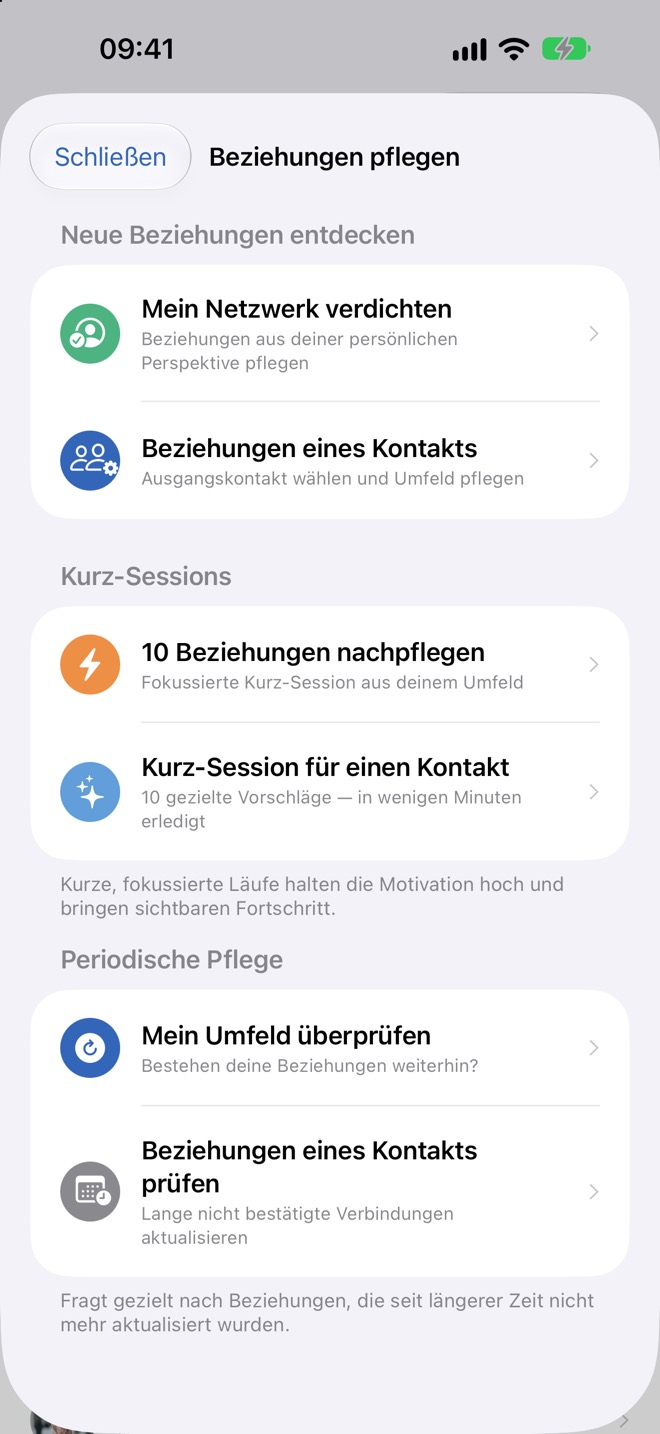 Übersicht „Beziehungen pflegen“ mit Entdecken, Kurz-Sessions und periodischer Pflege.