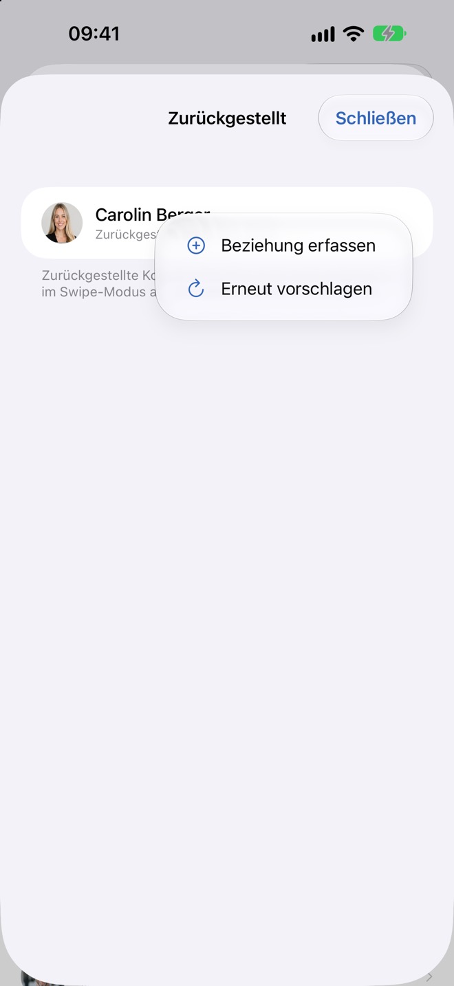 Menü eines Eintrags mit „Beziehung erfassen“ und „Erneut vorschlagen“