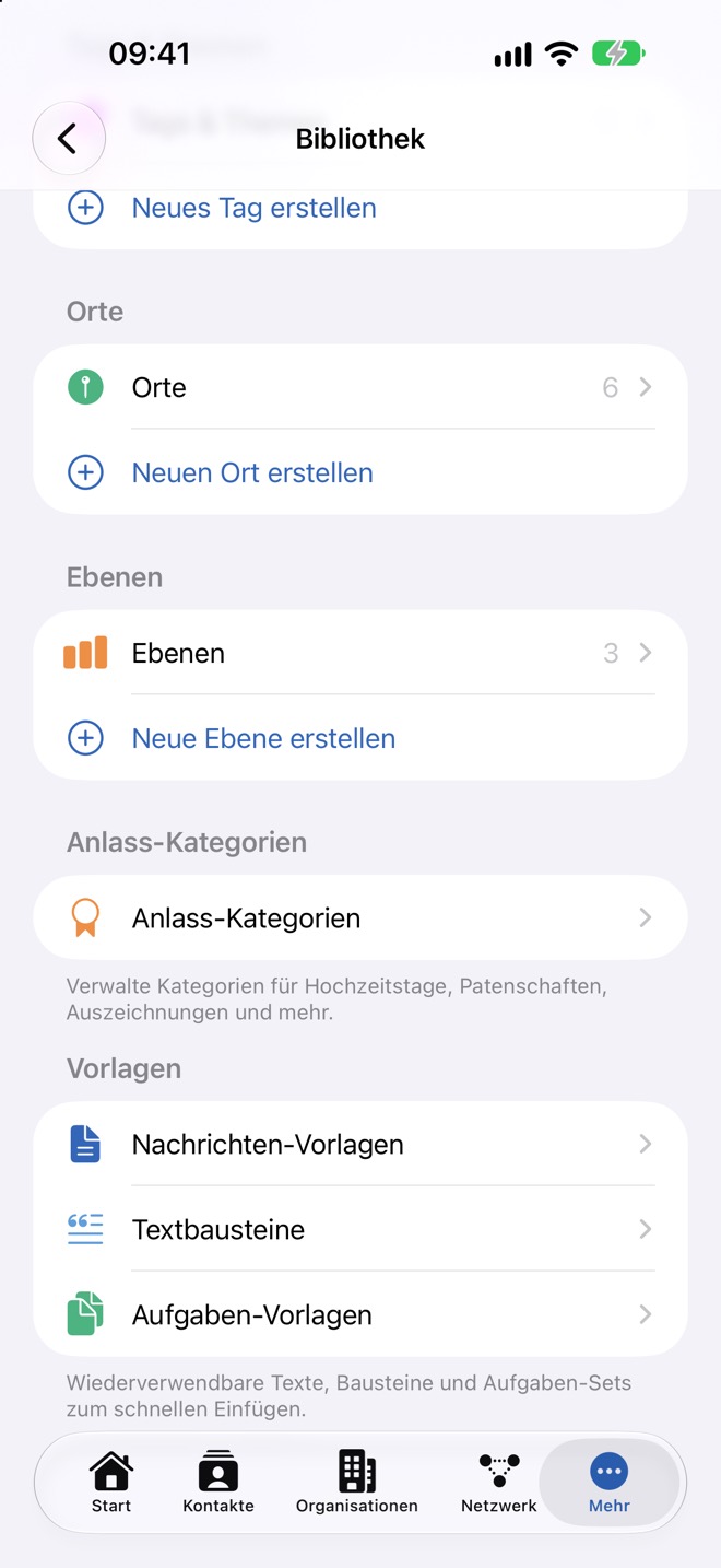 Unterer Teil der Bibliothek mit den drei Vorlagen-Arten