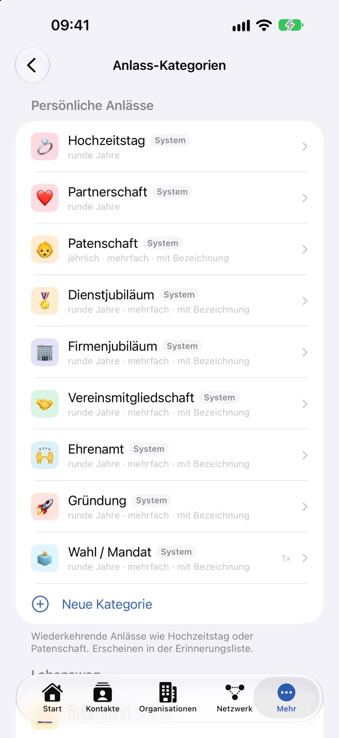 Anlass-Kategorien mit System-Kategorien unter „Persönliche Anlässe“