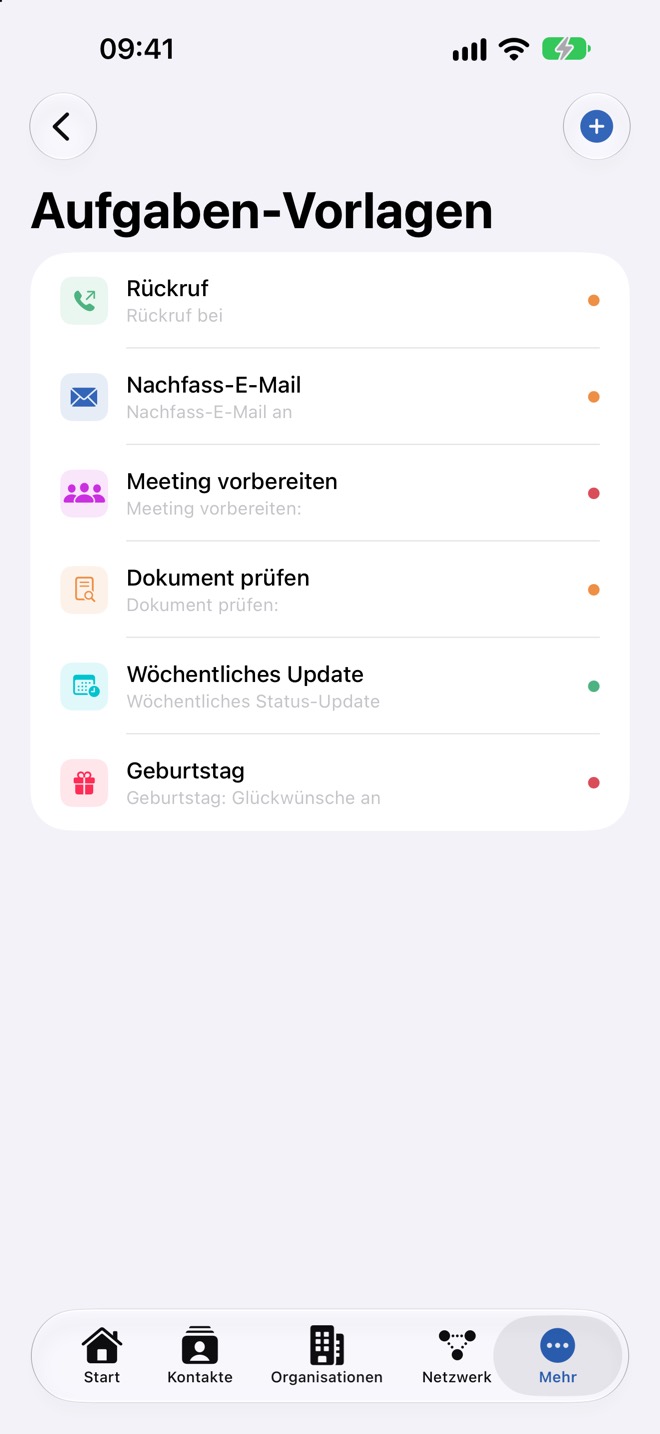 Liste „Aufgaben-Vorlagen“ mit sechs Vorlagen