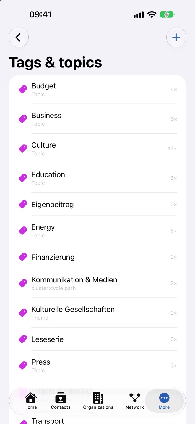 Liste « Tags et sujets » avec la catégorie et le nombre d’utilisations