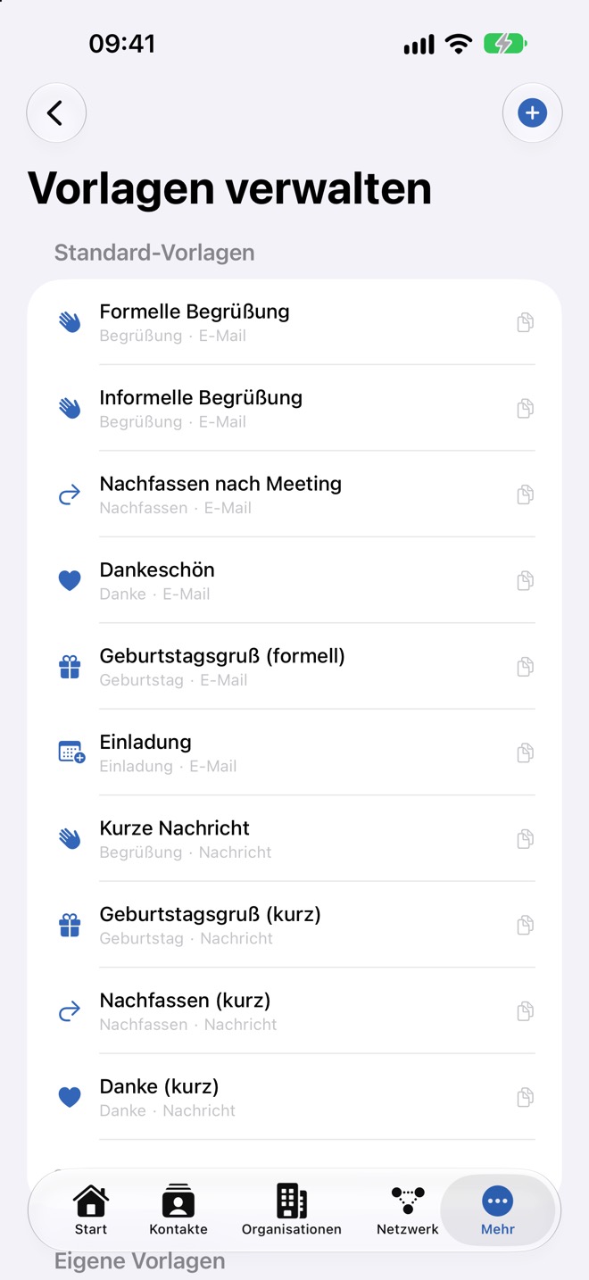 Seite „Vorlagen verwalten“ mit den Standard-Vorlagen