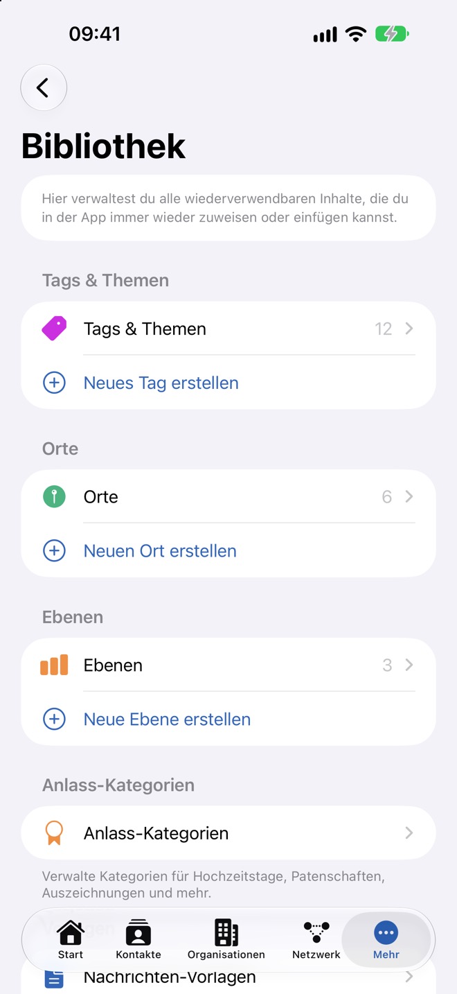 Oberer Teil der Bibliothek mit Tags, Orten, Ebenen und Anlass-Kategorien