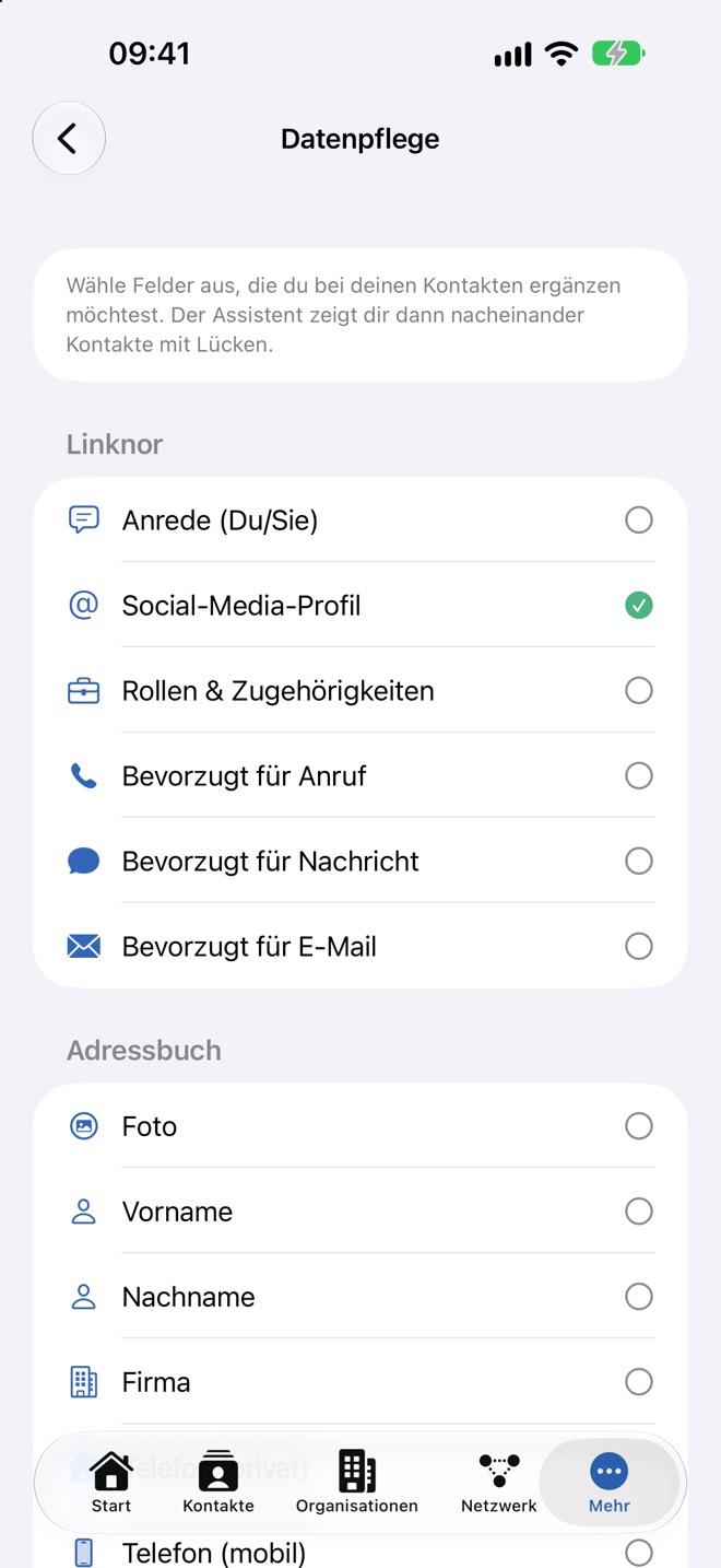Feldauswahl des Assistenten mit den Gruppen „Linknor“ und „Adressbuch“