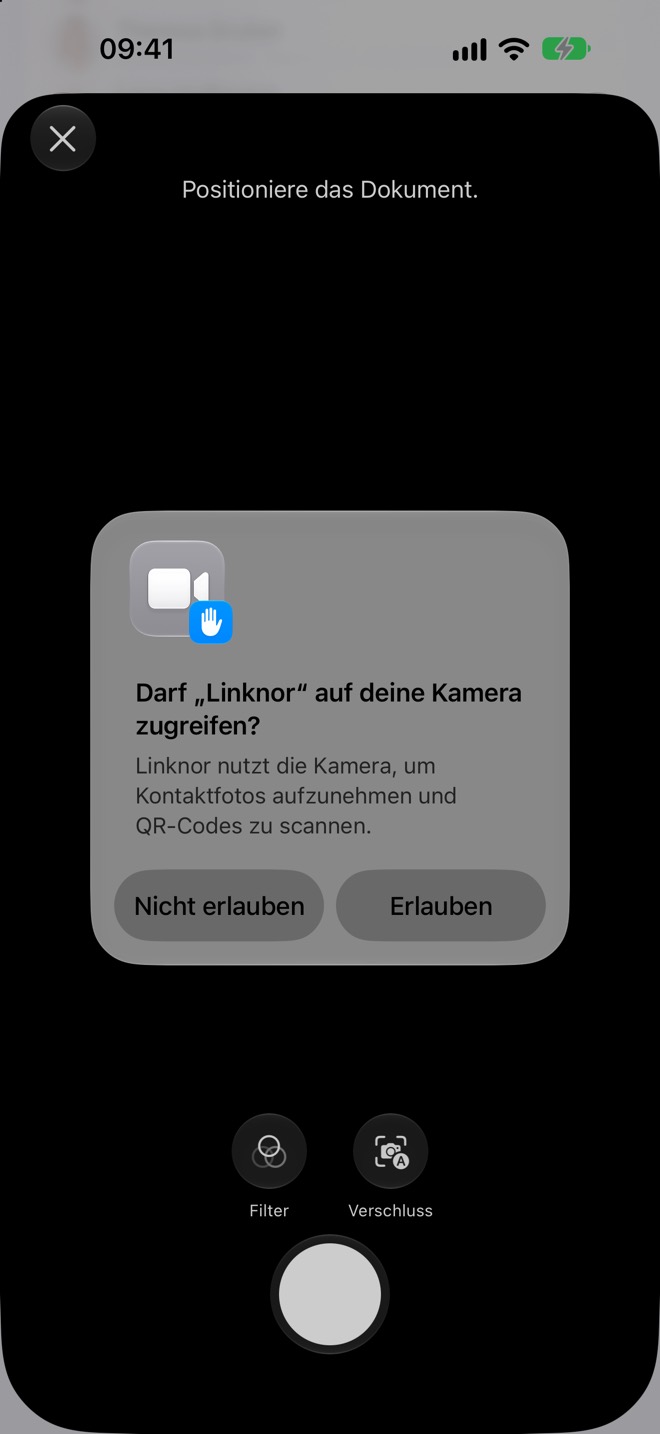 Der Dokumentenscanner fragt beim ersten Start nach Zugriff auf die Kamera