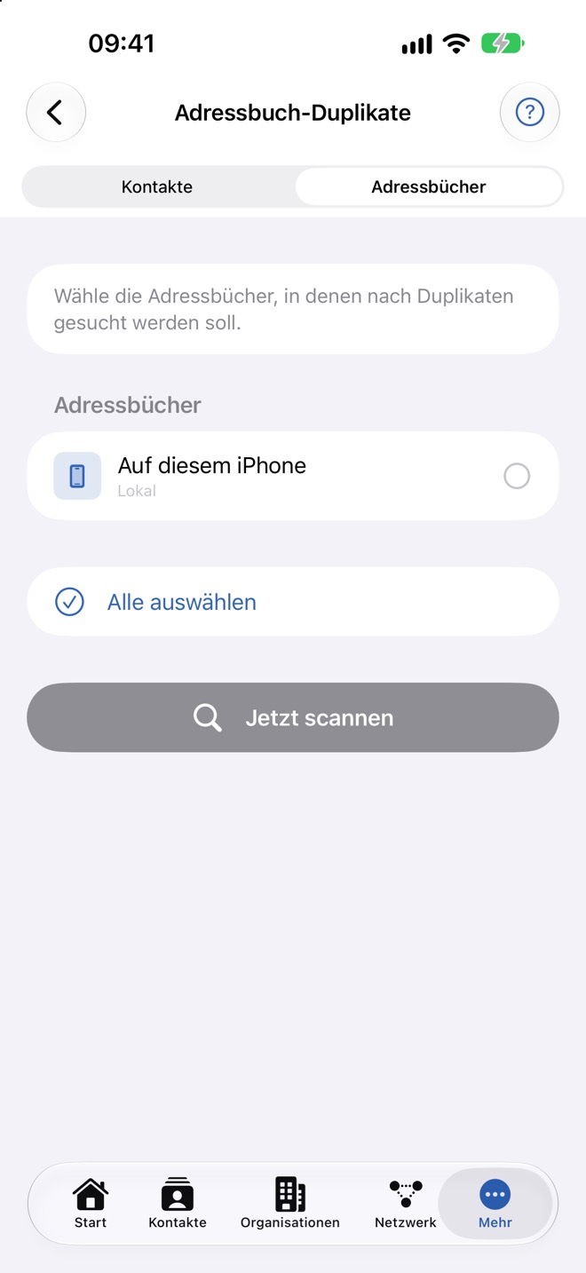 Modus „Adressbücher“ mit Auswahl der zu prüfenden Adressbücher