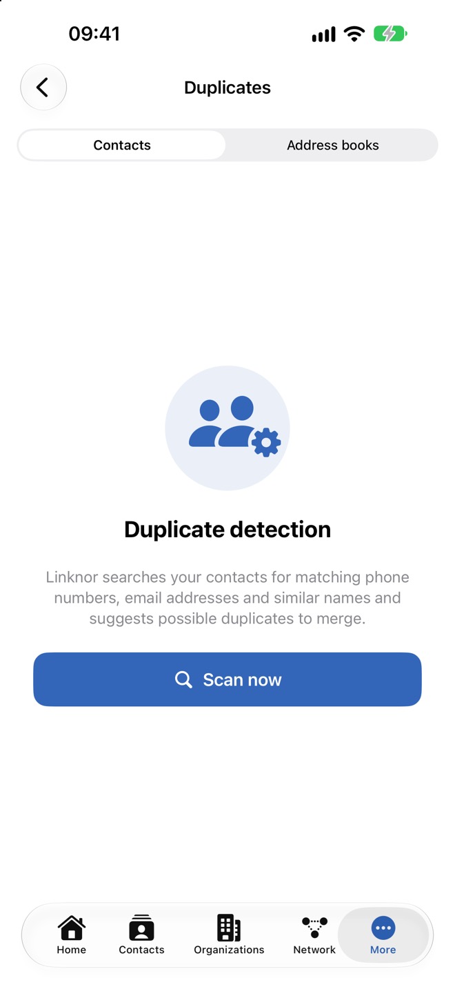 Écran de départ de la détection des doublons avec « Scanner maintenant »