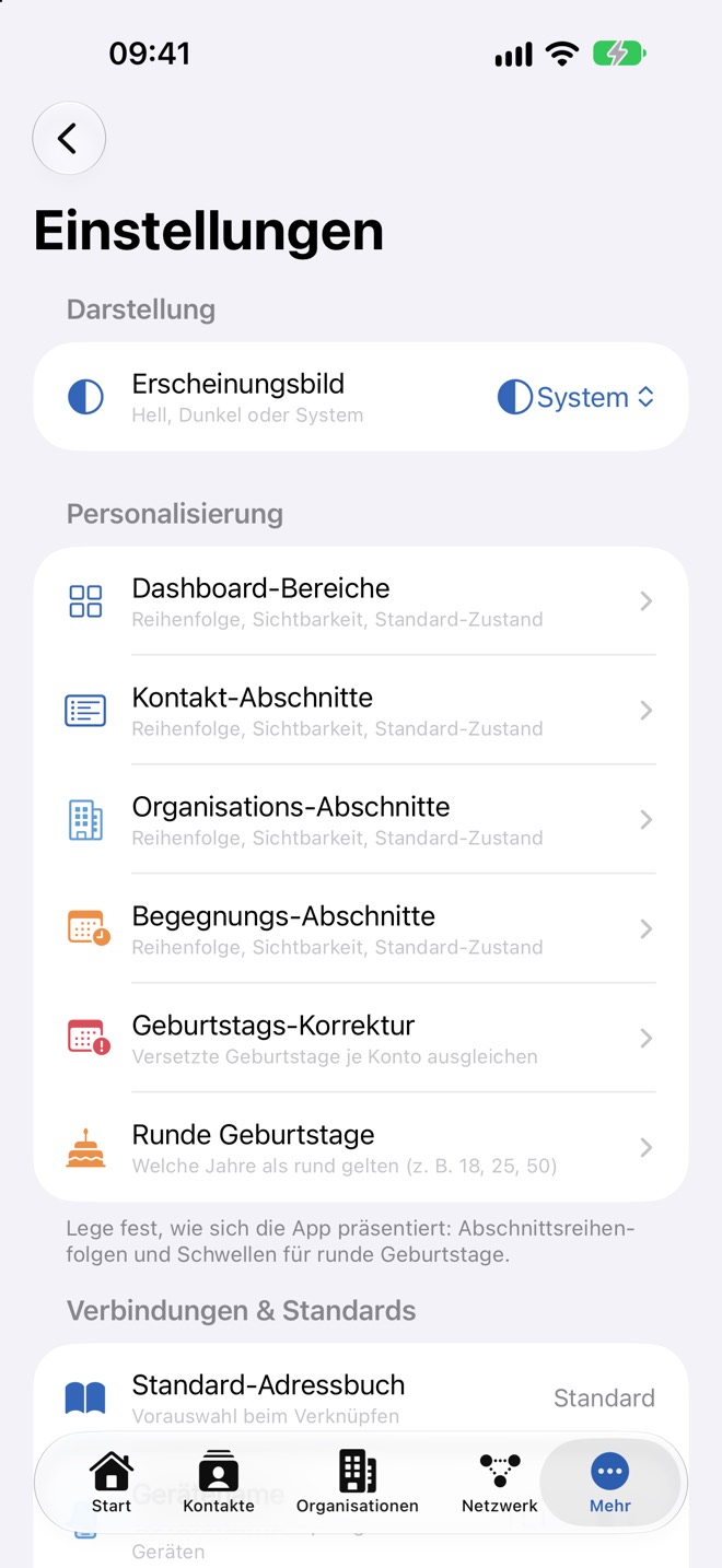 Oberer Teil der Einstellungen mit Darstellung und Personalisierung