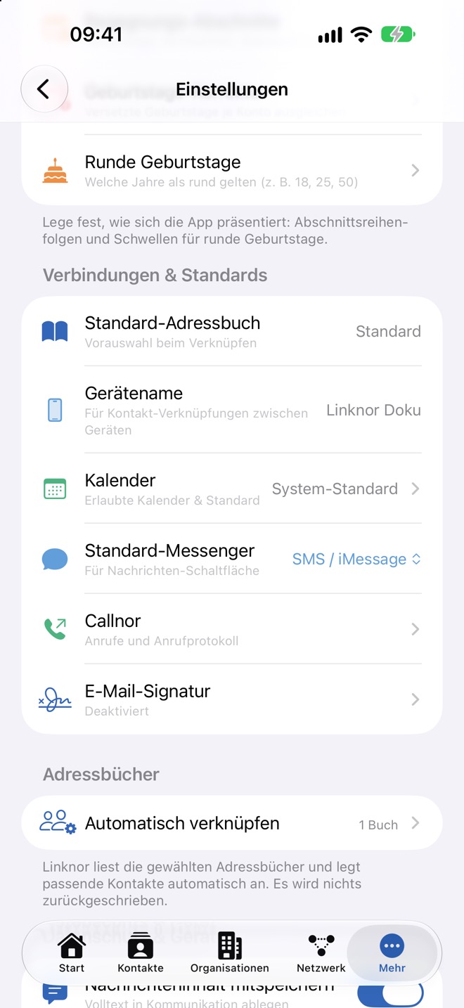 Mittlerer Teil mit „Verbindungen & Standards“ und „Adressbücher“