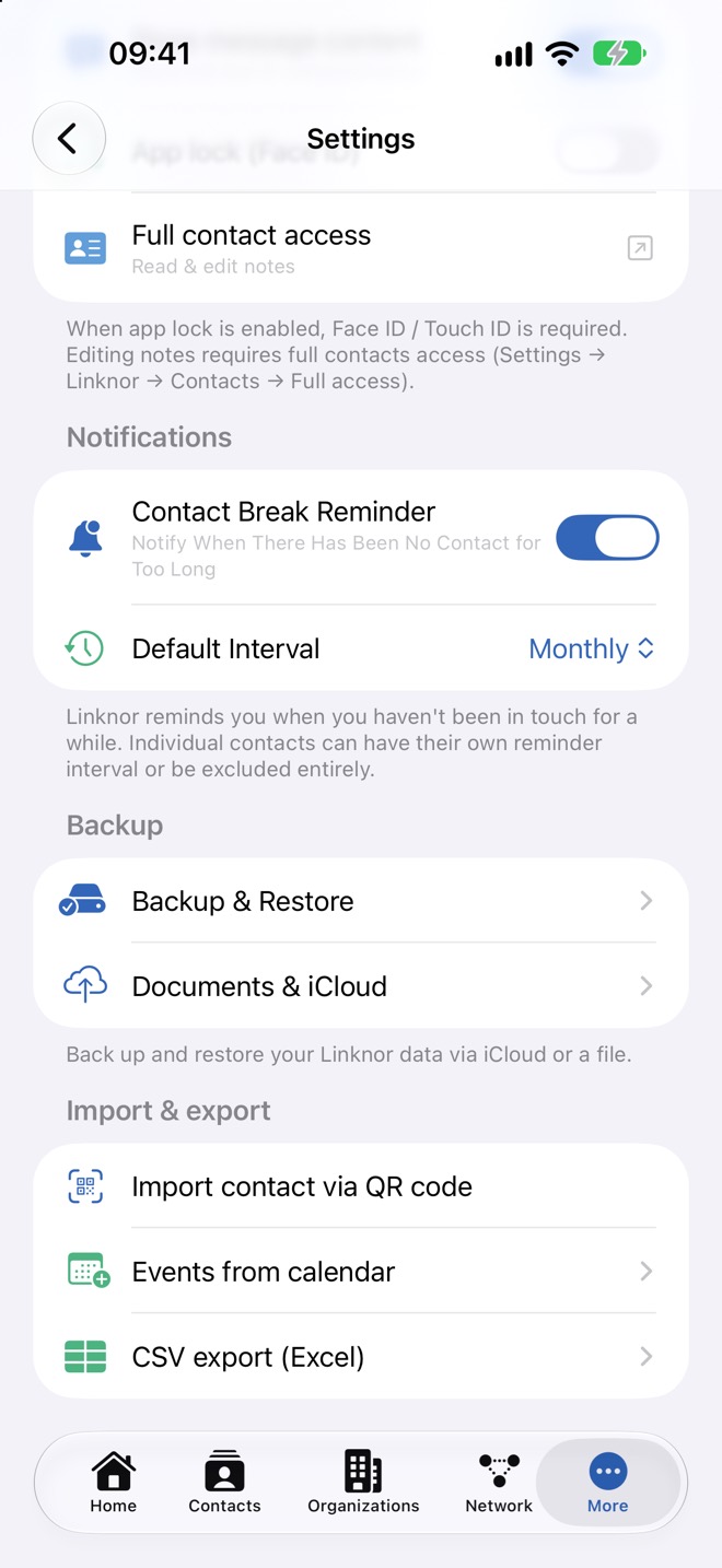 Partie inférieure avec les notifications, la sauvegarde et l’importation et exportation