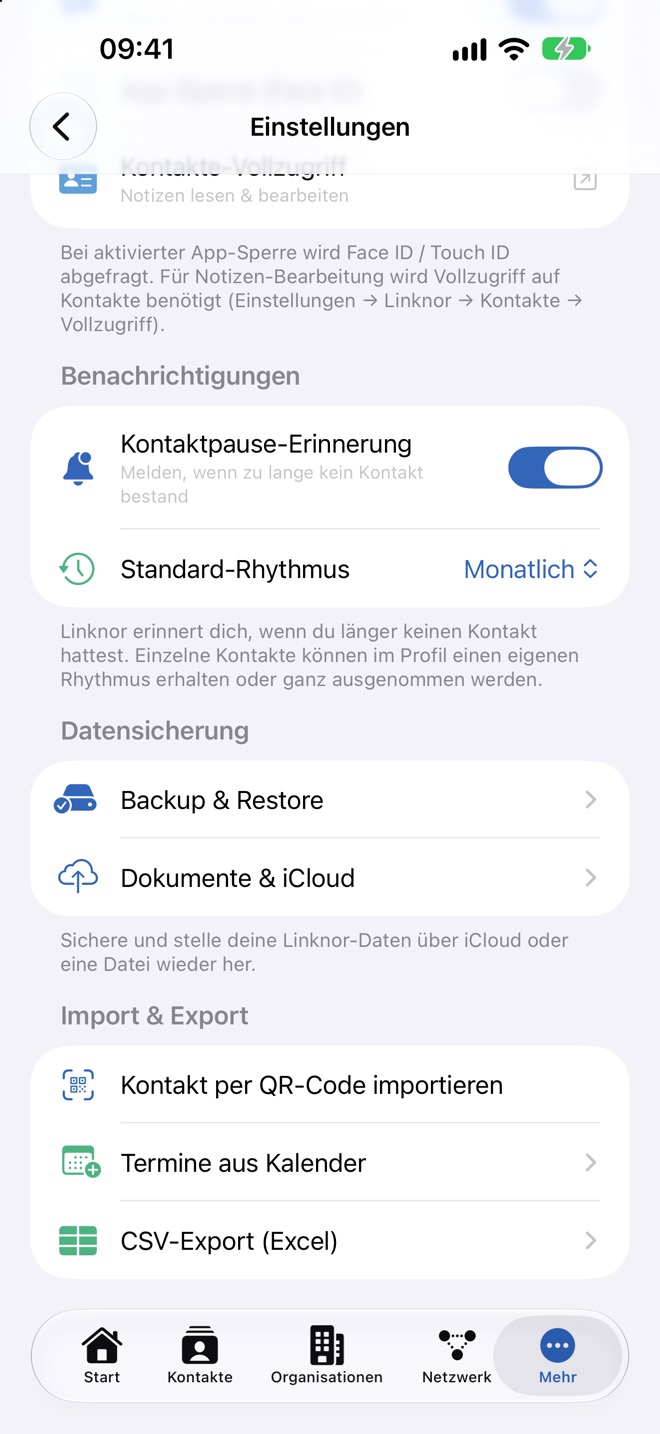 Unterer Teil mit Benachrichtigungen, Datensicherung und Import & Export